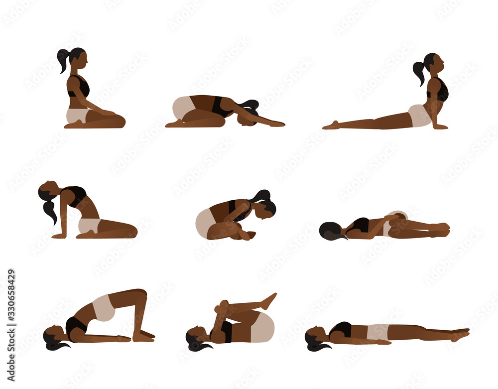 Plakat Yoga poses for better sleep. Vector illustrations with african american woman in sport bra and shorts doing asanas from insomnia and relaxing. Healthy poster in flat vector design.
