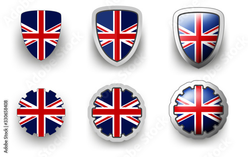 6 vector icons of United Kingdom (UK) flag shield button and cogwheel, flat and volumetric style in flag colors blue, red, white for poster, flyer