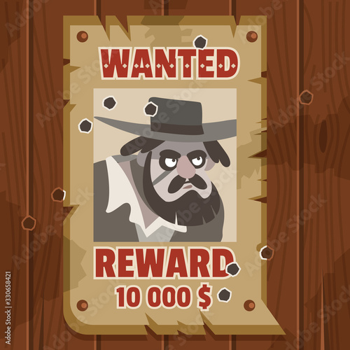Wanted for reward poster. Portrait of cowboy robber. Western poster on old parchment on an old wooden fence. Vector cartoon flat illustration