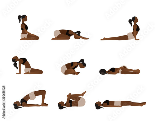 Yoga poses for better sleep. Vector illustrations with african american woman in sport bra and shorts doing asanas from insomnia and relaxing. Healthy poster in flat vector design.