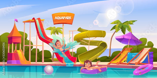 Kids in aquapark, amusement aqua park with water attractions, boy riding slide, girl swimming in pool on inflatable ring, outdoor playground for children entertainment, Cartoon vector illustration