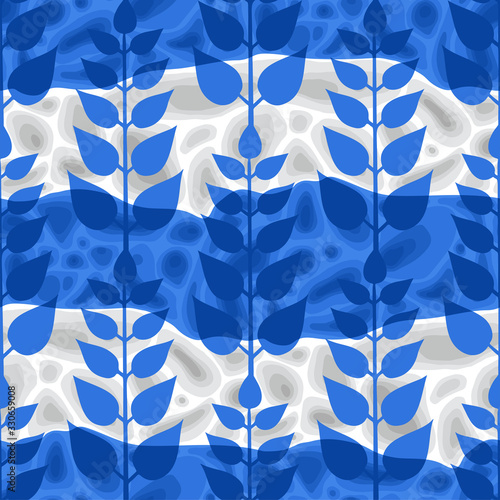 Simple abstract pattern of blue colored styized ethnic branches with leaves over the soft formless structures photo