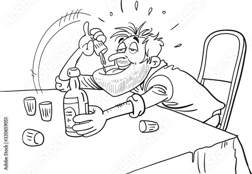 A drunk man sitting on table with a bottle . Drink concept.