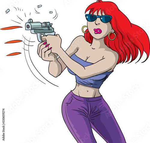 The girl shoots a gun