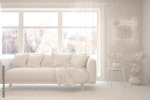 Mock up of stylish room in white color with sofa and winter landscape in window. Scandinavian interior design. 3D illustration