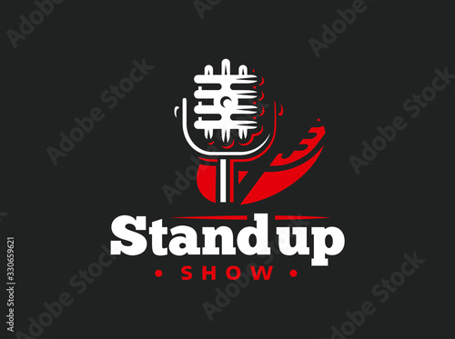 Stand up comedy event Emblem design. Retro style vector illustration microphone and text.