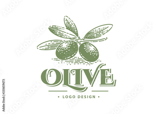 Green olives and organic oil symbols isolated on white background, such a logo template.