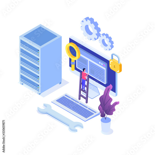 IT  Administrators server, systems configuration, network upkeeping, Data center  concept. Flat isometric vector illustration