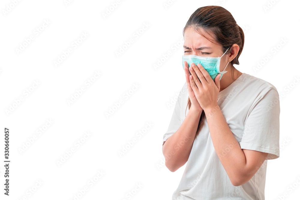 Asian woman coughing and wear medical protective face mask for protect infection the virus isolate on white background, with clipping path, Global healthcare and infection concept. Asian woman coughing and wear medical protective face mask for protect infection the virus isolate on white background, with clipping path, Global healthcare and infection concept.