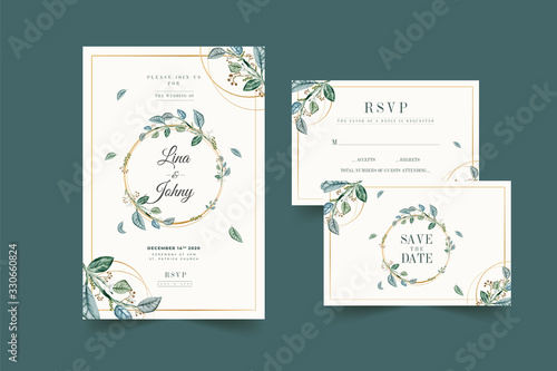 Wedding invitation and menu template with beautiful leaves Free Vector