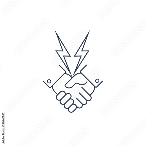 Handshake, lightning. Termination of cooperation. Break the union, dialogue, treaties. Vector linear icon isolated on white background.