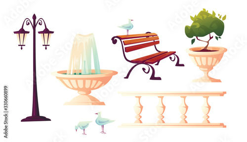 City park with fountain, bench, street lamp and vintage fence. Vector cartoon set of outdoor furniture for garden or seafront with decoration and gulls isolated on white background