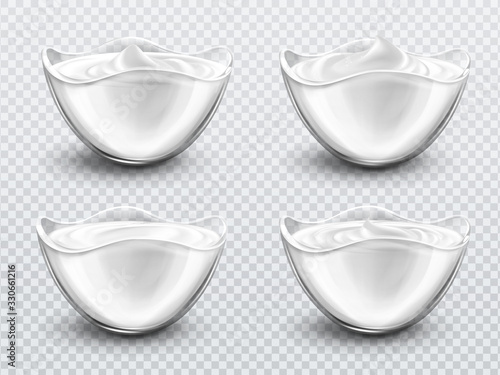 Bowl with sauce, sour cream, mayonnaise or yogurt realistic vector. Glass cup with fresh dairy product, creamy cheese or sweet mousse with swirl isolated on transparent background, 3d illustration