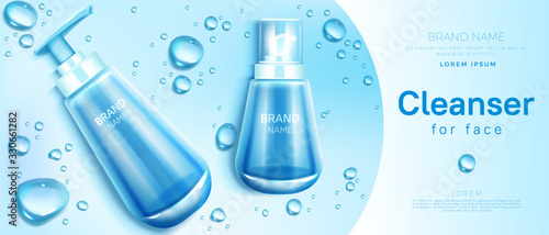 Cleanser for face cosmetics bottle mockup banner. Skin care cosmetic pump tube on blue background with water drops. Facial cleansing product packaging design, promo. Realistic 3d vector illustration