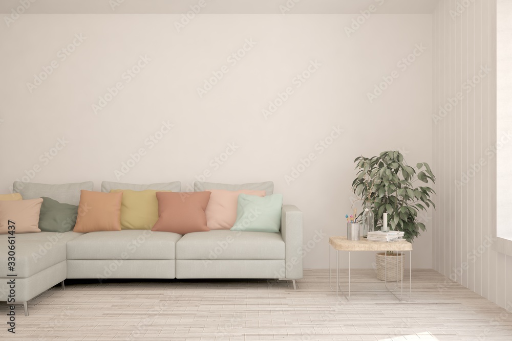 Fototapeta premium Modern living room in white color with sofa. Scandinavian interior design. 3D illustration