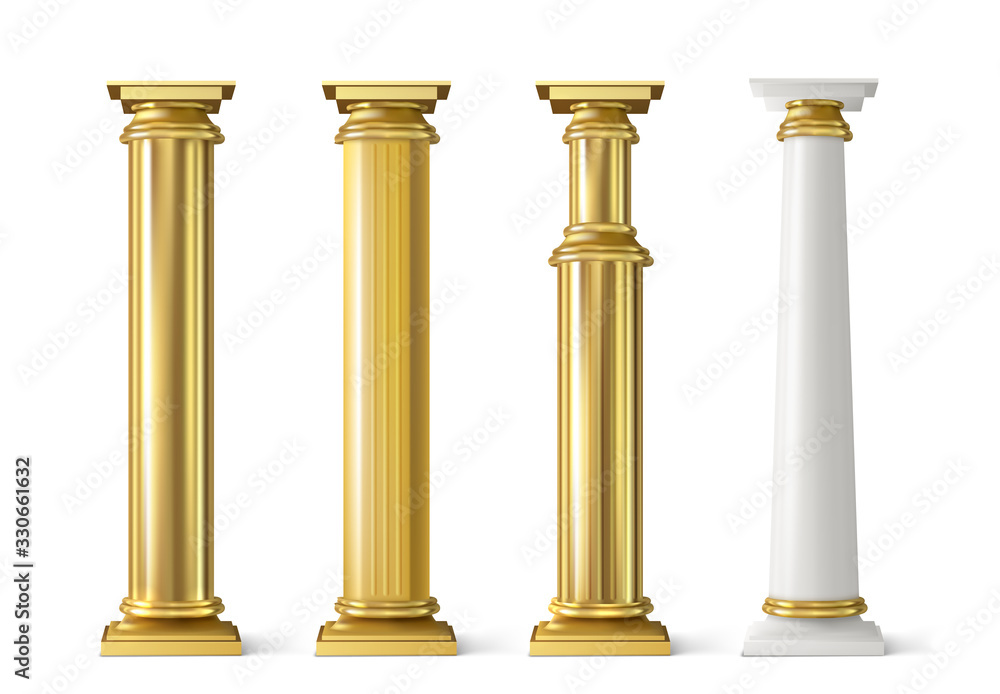 Antique gold pillars set. Ancient columns with golden decorative texture  isolated on white background. Roman or greece facade decoration, luxury  architecture elements, Realistic 3d vector illustration vector de Stock |  Adobe Stock