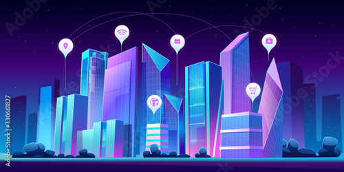 Smart city with wireless communication technology and Internet of things. Vector cartoon night cityscape with skyscrapers and infographic icons. Digital infrastructure in town