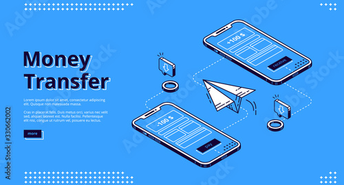 Money transfer isometric landing page. Online banking mobile phone application, send and receive smartphone transaction internet technology for gadgets on blue background 3d vector line art web banner