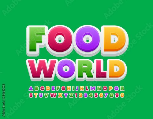 Vector colorful banner Food World with creative Font. Bright Alphabet Letters and Numbers