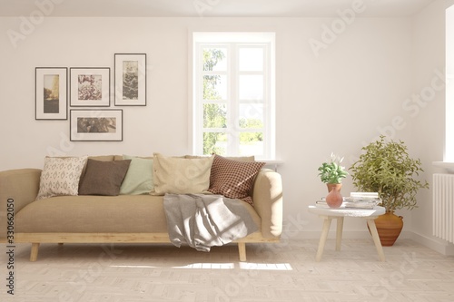 Modern living room in white color with sofa. Scandinavian interior design. 3D illustration