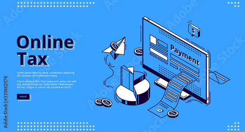 Online tax isometric landing page. Large payment bill coming out of computer desktop screen. Smart technologies for banking accounting, application for internet taxation, 3d vector line art web banner