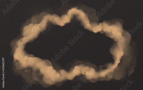 Smoke circle, round wavy smog cloud frame, brown heavy dust steam with motes, sand and soil particles isolated on transparent background. Cigarette vapor realistic 3d vector illustration, clip art