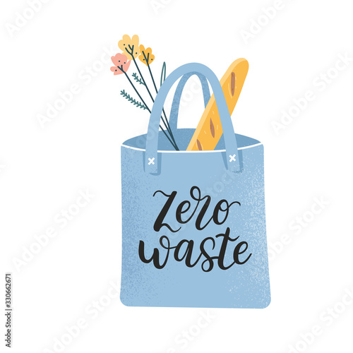 Reusable bag with lettering logo and illustration of food, eco freindly zero waste lifestyle, textile cotton shopper bag for grocery purchase, plastic free ecobag isolated on white 
