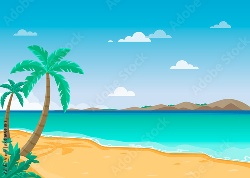 Summer tropical sand beach landscape. Vector beautiful seascape
