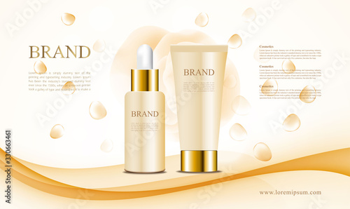 Cosmetics blossom ads with yellow blackground and 3d packaging