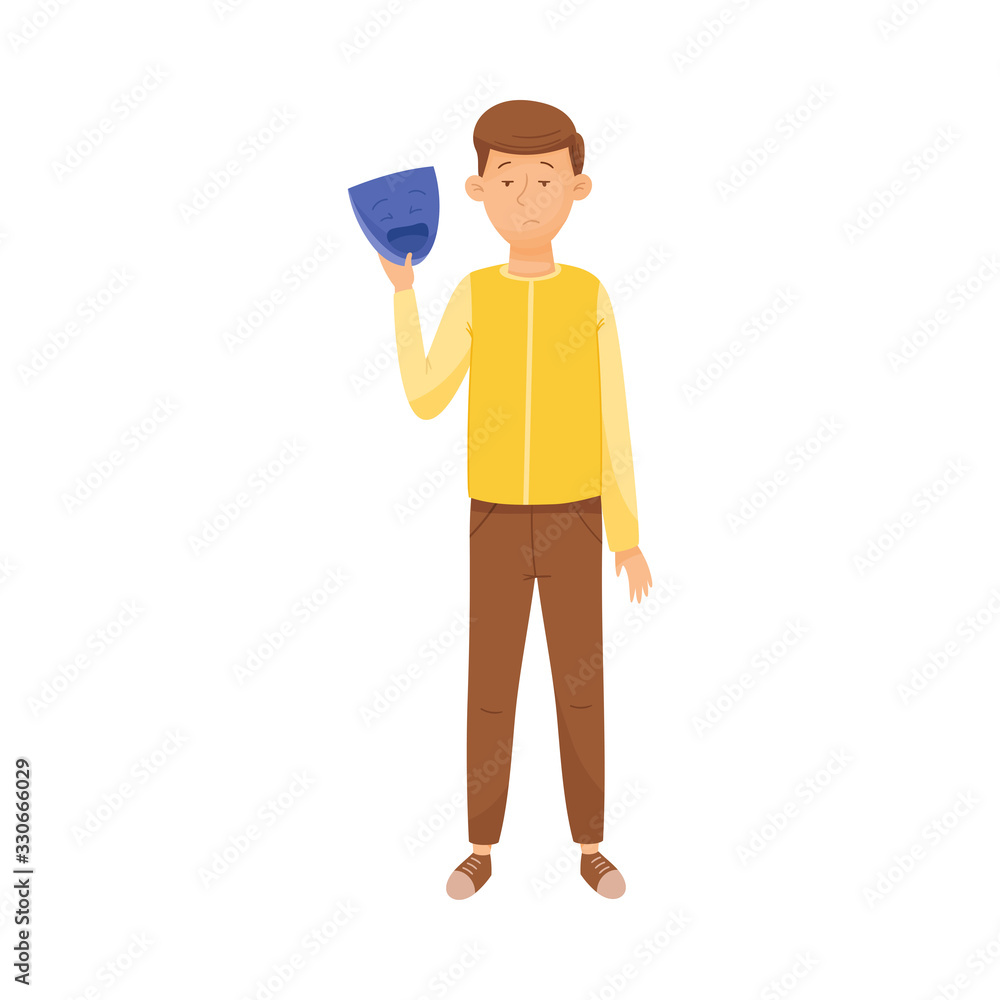 Young Sad Man Standing and Holding Mask with Happy Emotion in His Hands Vector Illustration Young Sad Man Standing and Holding Mask with Happy Emotion in His Hands Vector Illustration