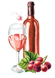 Bottle and glass of Rose wine with vine leaves and grape berries. Hand drawn watercolor illustration, isolated on white background