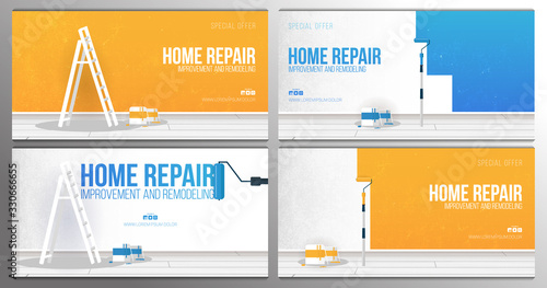 Set of Home Repair Banners. Painting a wall with ladder, paint can and paint roller.