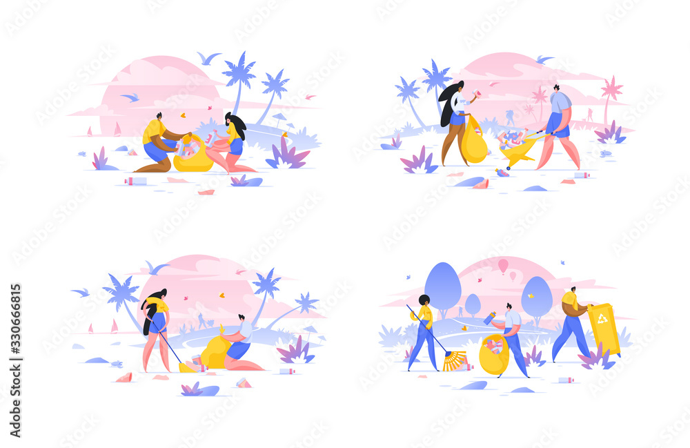 Diverse people collecting litter on beach and in park. Set of flat vector illustrations