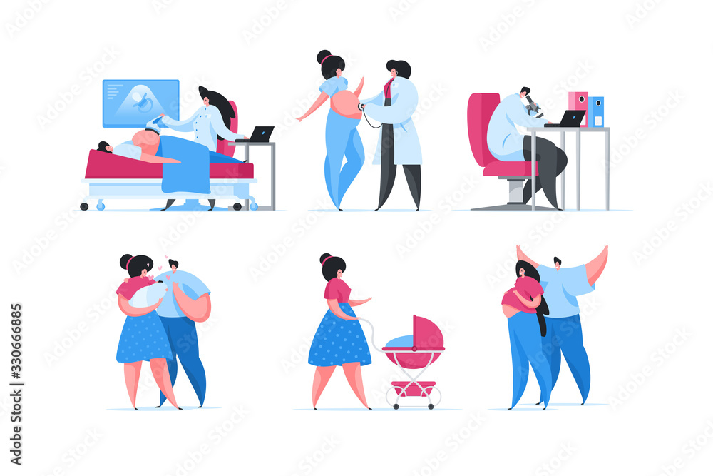Modern pregnancy examinations and childbearing. Flat cartoon people vector illustration