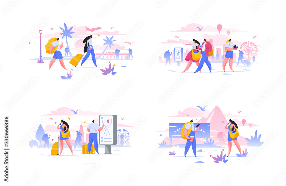Modern men and women during trip abroad. Set of flat vector illustrations