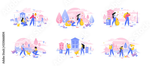 People cleaning garbage and planting tree. Set of flat vector illustrations