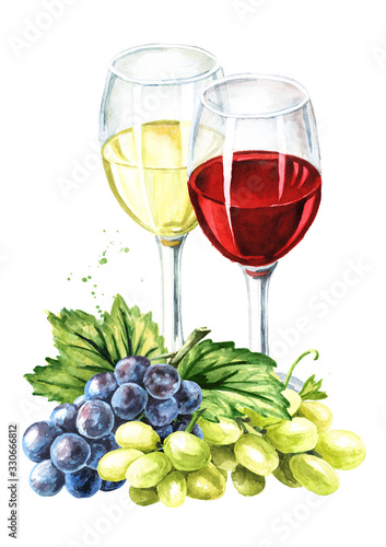 Red and white wine glasses with vine leaves and grape berries. Hand drawn watercolor illustration, isolated on white background