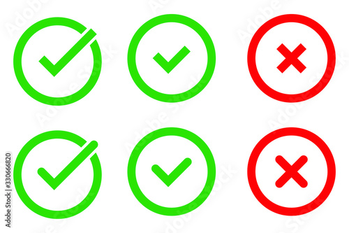 Green Check Mark and Red Cross in two variants (square and rounded corners), isolated vector illustration