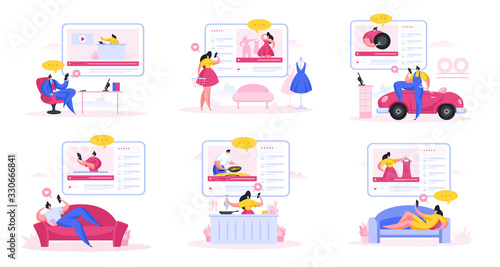 People following various video blogs. Flat cartoon people vector illustration