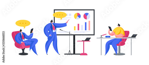 Businessmen during conference in office. Flat cartoon people vector illustration