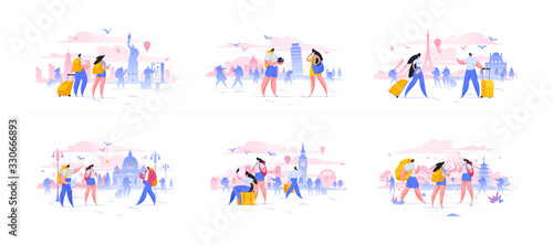 Modern tourists visiting famous cities. Set of flat vector illustrations