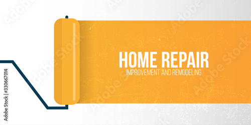 Home Repair Banner. Painting a wall with paint roller.