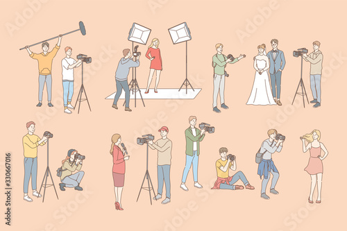 Photo and video shooting, paparazzi, journalism set concept. Men, women photographers journalists using cameras shooting video, taking pictures, photo. Wedding model agency tv news. Simple flat vector