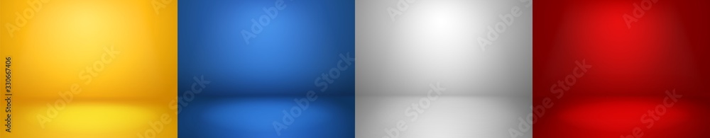 Studio backgrounds. Red, blue, yellow and blue walls for photography space vector simple set