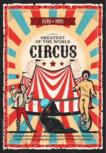 Circus top tent with clown, acrobat and trained animal vector design of carnival show. Juggler juggling balls with seal, clown riding unicycle retro poster with striped marquee pattern on background