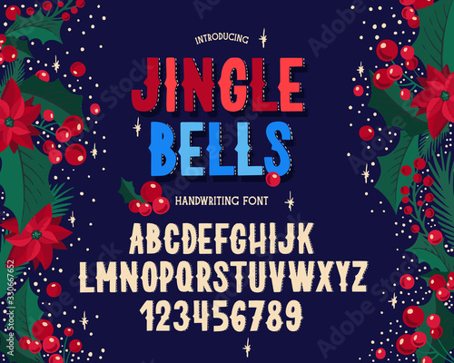 Christmas font. Holiday typography alphabet with festive illustrations and season wishes.
