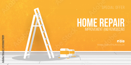 Home Repair Banner. Ladder, paint can and paint roller.