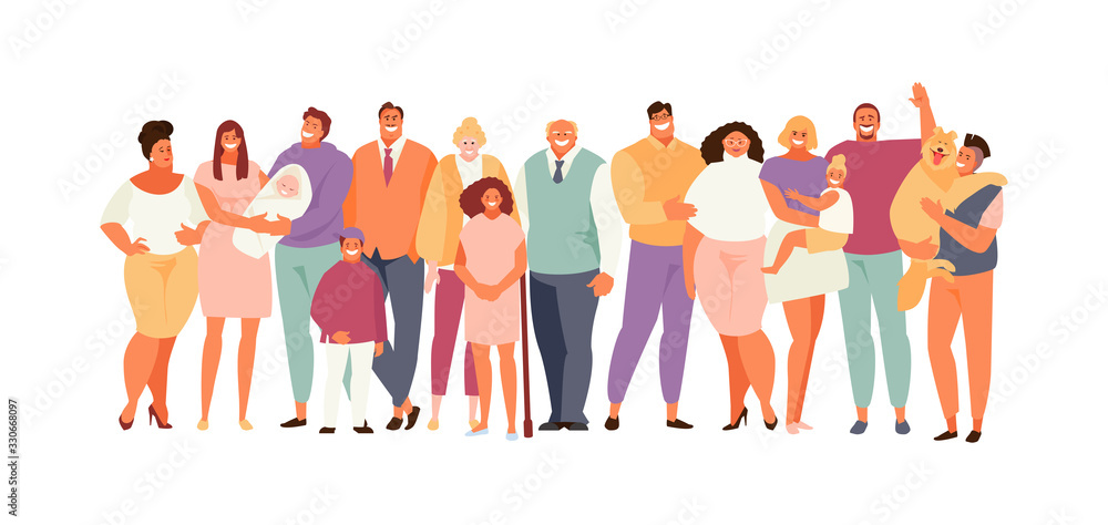 Big family isolated on a white background. Children and parents several generations vector illustration
