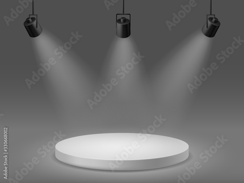 Podium with spotlights. Empty illuminated pedestal, 3d platform for ceremony award round show scene with studio projectors vector mockup