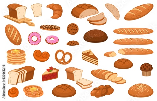 Cartoon bread. Various sweet breads and slices of bake roll, bakery product vector isolated cartoon set
